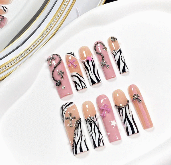 Press on Nails Medium Fake Nails Pink Glossy Glue on Nails Glitter Acrylic Nails Oval Stick on Nails for Women and Girls