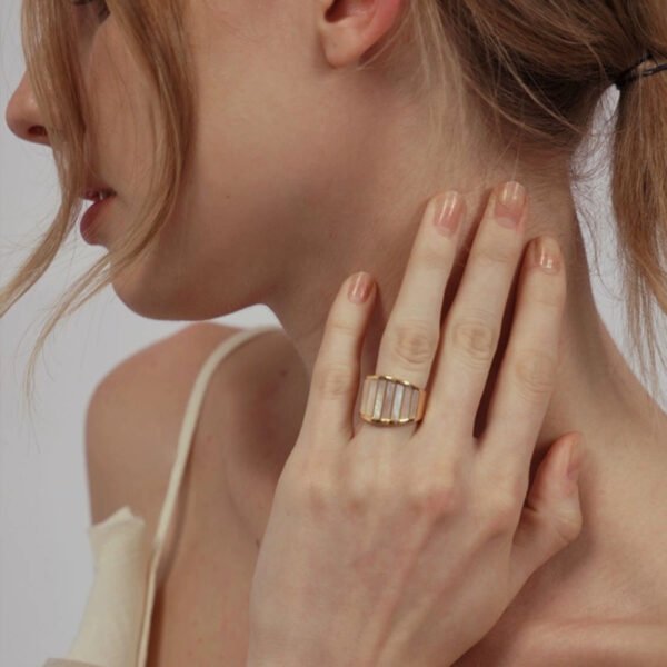 White Mother of Pearl Wide Ring - Unique Iridescent Glow, Brass Gold-Plated, Stackable Light Luxury Jewelry for Daily & Special Occasions