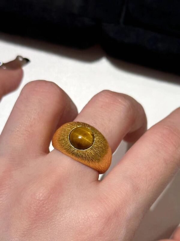The Guardian Stone Ring | Gold Plated Sterling Silver Wide Band with Natural Tiger's Eye, Cat's Eye Effect for Courage & Focus