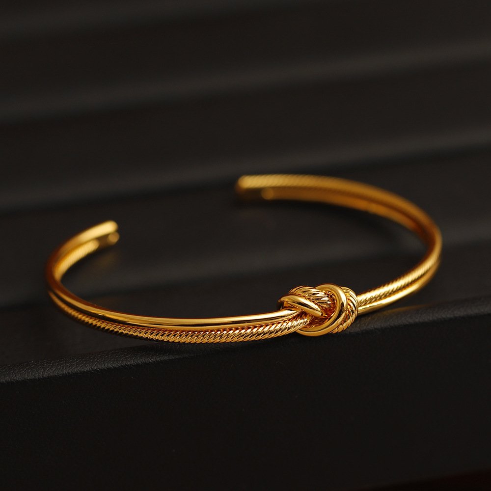 18K Gold Plated Lucky Knot Open Cuff Bracelet - Adjustable Woven Texture Bracelet, Meaningful Gift (Symbol of Connection & Good Luck) - Image 3