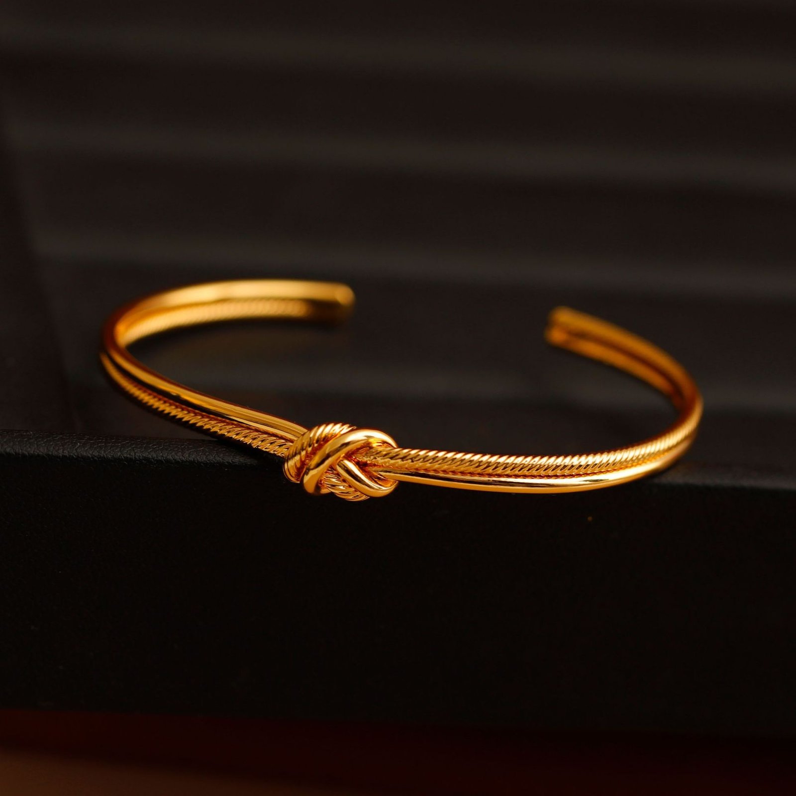 18K Gold Plated Lucky Knot Open Cuff Bracelet - Adjustable Woven Texture Bracelet, Meaningful Gift (Symbol of Connection & Good Luck) - Image 4