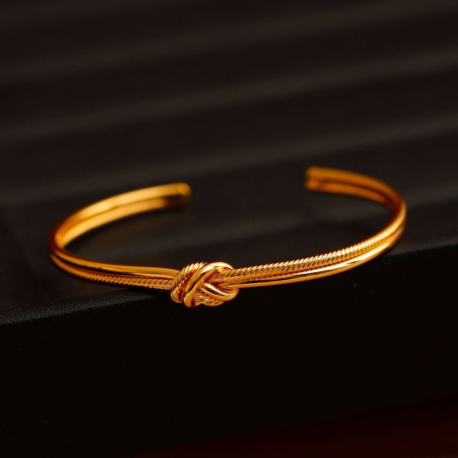 18K Gold Plated Lucky Knot Open Cuff Bracelet - Adjustable Woven Texture Bracelet, Meaningful Gift (Symbol of Connection & Good Luck) - Image 2