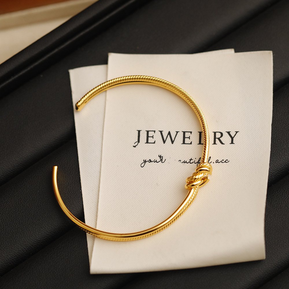 18K Gold Plated Lucky Knot Open Cuff Bracelet - Adjustable Woven Texture Bracelet, Meaningful Gift (Symbol of Connection & Good Luck) - Image 6
