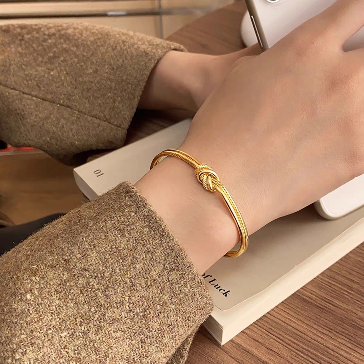 18K Gold Plated Lucky Knot Open Cuff Bracelet - Adjustable Woven Texture Bracelet, Meaningful Gift (Symbol of Connection & Good Luck)
