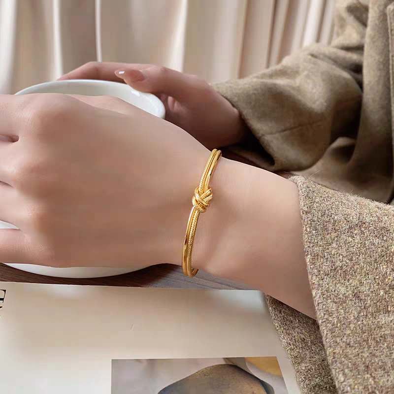 18K Gold Plated Lucky Knot Open Cuff Bracelet - Adjustable Woven Texture Bracelet, Meaningful Gift (Symbol of Connection & Good Luck) - Image 8