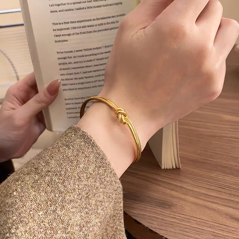 18K Gold Plated Lucky Knot Open Cuff Bracelet - Adjustable Woven Texture Bracelet, Meaningful Gift (Symbol of Connection & Good Luck) - Image 9
